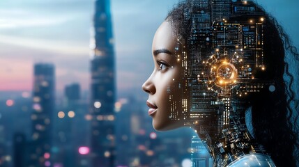 Poster - Artificial Intelligence Woman Futuristic Technology Digital Portrait Modern Cityscape Background Abstract Neural Network Digital Art Innovation       