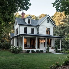 Aufkleber - Charming White Farmhouse with Inviting Porch and Lush Green Lawn Nestled Among Mature Trees, Offering Serene Curb Appeal.