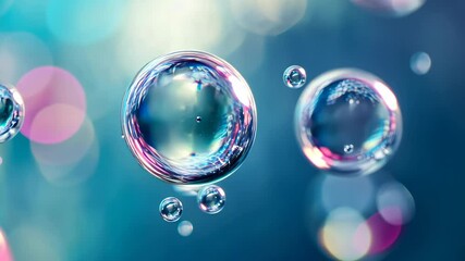 Poster - Bubbles floating gracefully in soft blue background showcasing their reflections and delicate structures in crystal clear detail