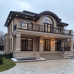 Poster - Elegant Stone Residence with Balconies and Decorative Ironwork on a Cloudy Day, Showcasing Sophisticated Design