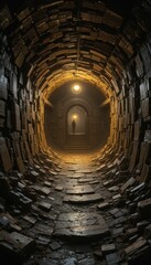 Poster - Mysterious Passageway Filled with Stacked Books and Soft Light