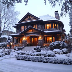 Aufkleber - Grand Winter Residence: Illuminated Windows Gleam on a Snowy Evening in front of the House.