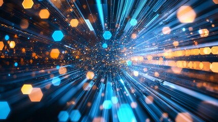 Poster - Abstract Blue Orange Light Streaks Dynamic Energy Speed Technology Digital Art Futuristic Background Modern Design Vivid Hexagon Particles Sparkling  
