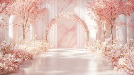 Aufkleber - Elegant pink cherry blossom archway in a white marble hall.