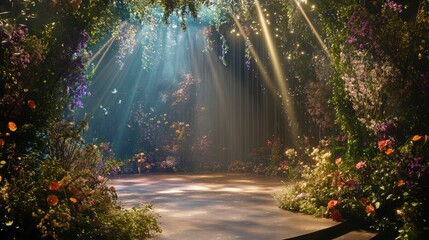 Poster - Magical enchanted garden with sunbeams illuminating a flower-filled pathway.