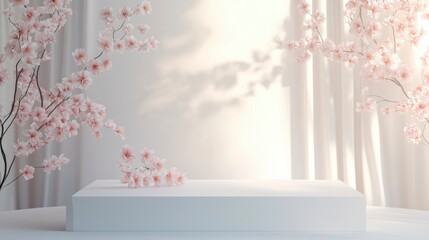 Poster - Minimalist white platform with pink cherry blossoms and soft lighting.