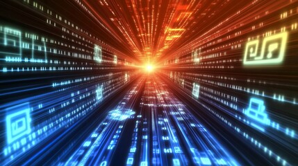 Poster - Abstract Digital Tunnel Futuristic Technology Background Red Blue Data Stream Binary Code Network Internet High Tech Innovation Modern Design Graphic 