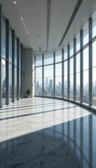 Poster - Modern Office Interior with Cityscape View Through Large Windows