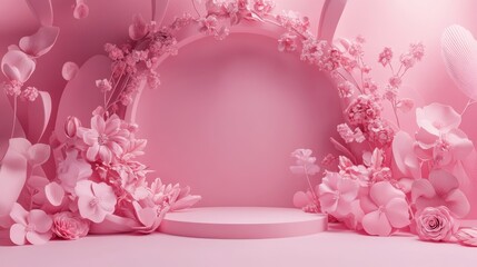 Poster - Pink floral background with a circular platform for product display.