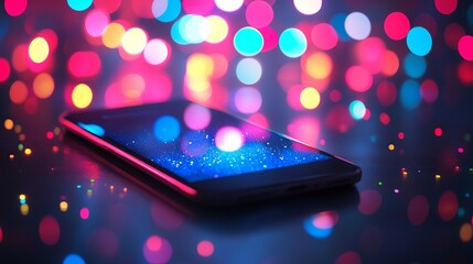 Poster - Modern Smartphone Display with Vibrant Colorful Bokeh Lights Sparkling Digital Abstract Background Mobile Technology Night Scene Festive Design Shiny 