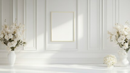 Poster - White room interior with empty frame, vases, and flowers.