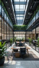 Poster - Modern Office Interior with Glass Roof and Abundant Greenery