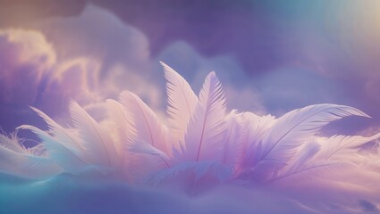 Poster - Delicate white feathers scattered among soft pastel clouds at twilight creating a dreamy atmosphere