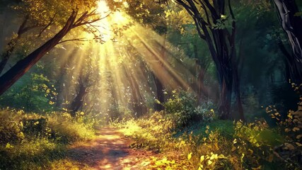 Poster - Bright beams of sunshine illuminate a magical forest path in the morning light creating an enchanting atmosphere, Bright Beam of Sunshine Shining Against the Magical Forest
