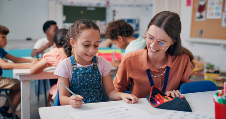 Poster - Education, girl and teacher in classroom, help and support with literacy knowledge. Child development, woman and students in school, assisted learning and fine motor skills with assessment and growth