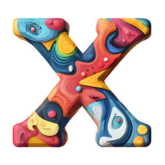 Poster - Vibrant, stylized letter 'X' artfully layered with colorful patterns and textures, creating a whimsical and eye-catching design on white.