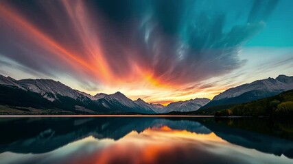 Poster - Stunning sunset over the lake with vibrant clouds reflecting in the water, Beautiful sky clouds nature landscape at sunset Colorful clouds move on the blue sky