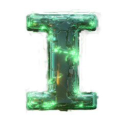 Poster - Futuristic metallic letter I with glowing green accents, surrounded by floating particles. Digital art with a modern, technology-inspired aesthetic.