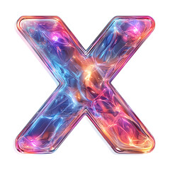 Poster - Iridescent Letter X: A glossy, translucent letter 'X' shimmers with vibrant hues of blue, pink, and orange, creating a captivating optical effect.