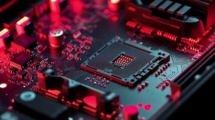 Fototapete - Motherboard digital chip illuminated in dark with glowing red lights and intricate circuitry details, Motherboard digital chip in darkness