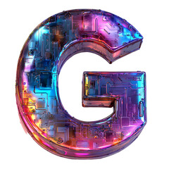 Poster - Futuristic letter G rendered in iridescent metallic finish, detailed with intricate circuit board patterns and vibrant neon hues.