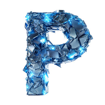 A fractured, luminescent letter P, comprised of shattered glass pieces, emits a captivating blue glow, standing out against a stark white.