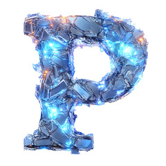 Poster - Abstract letter P, crafted from fractured glass and illuminated with vibrant blue light, a modern, artistic design element on white background.