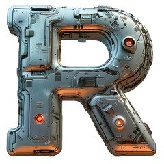 Poster - Futuristic letter R built of metal, with intricate geometric details and glowing orange lights, embodying advanced technology and industrial design.