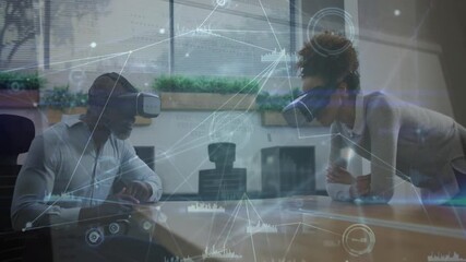 Poster - people using vr headsets in office with digital network overlay animation