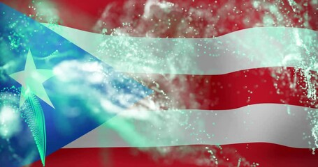 Poster - Animation of Puerto Rican flag with abstract green and white light effects overlay