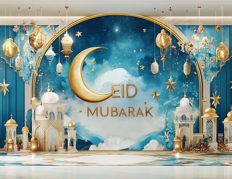 Eid Mubarak and a blissful Eid festival with golden text Eid Mubarak