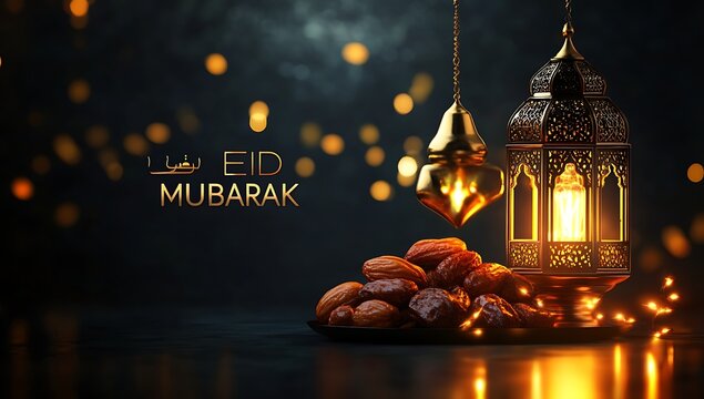 Eid Mubarak, glowing text, golden dates on a plate, and a lantern