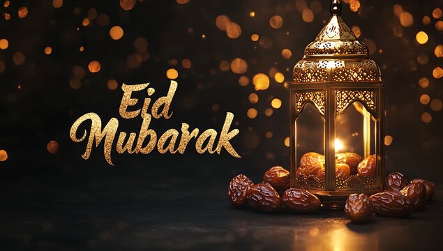 Eid Mubarak, glowing text, golden dates on a plate, and a lantern