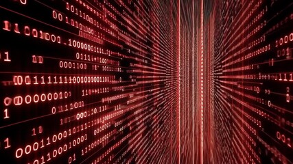 Poster - Data flowing through a digital tunnel with binary code in bright red colors at high speed in a virtual environment
