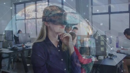 Poster - In office, woman using VR headset with animation of digital globe connections