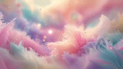 Poster - Colorful abstract feathers create a dreamy atmosphere with soft pastel hues and shimmering lights