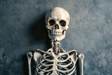 Poster - Human skeleton model displayed against a textured gray wall in a laboratory setting