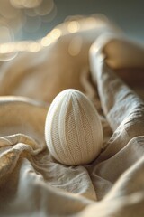 Poster - Knit white egg resting on soft beige fabric under warm, soft lighting