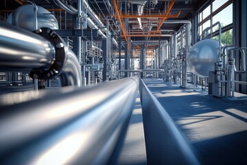 Poster - Industrial facility with extensive piping and bright interior lighting during daytime