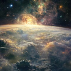 Wall Mural - colorful cosmic landscape viewed from above the clouds, showcasing vibrant galaxies and celestial fo