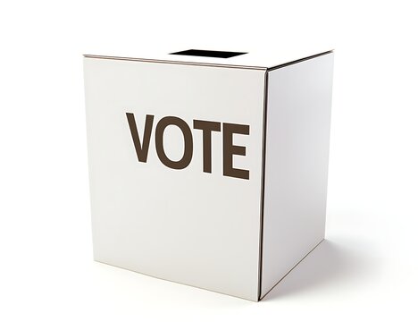 Image of a white ballot box with blue text VOTE, isolated on a pure white background