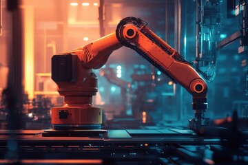 Poster - Robotic arm working in a modern industrial setting during an evening shift
