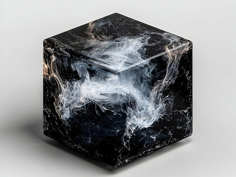 Abstract 3D Cube with Swirling White and Gray Nebula Texture