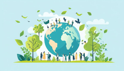 Wall Mural - ecology concept. people standing around the world. flat vector illustration.