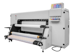 Poster - A large machine on transparent  white background and a black and yellow stripe. The machine is a printer that can print on a variety of materials