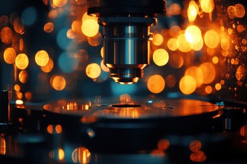 Poster - Close-up view of a microscope lens over a glass slide with vibrant background lights