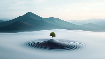 Poster - Isolated tree on a tranquil, misty landscape