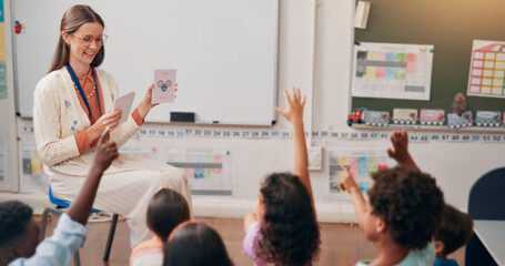 Aufkleber - Teacher, children and flash cards with question in lesson for animal alphabet, knowledge and feedback. Educator, people and students with hands raised for creative development, language quiz or smart