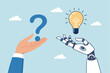 © Sector30 - Artificial intelligence AI to help solve problem, chatbot or machine learning to answer hard question, assistance service, technology to help concept, human hand with question mark and AI answer.