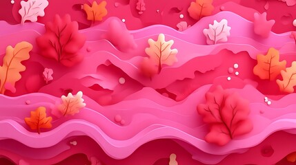 Pink Autumn Landscape with Paper Art.